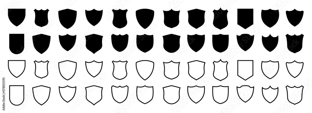 Poster Shields set. Collection of security shield icons with contours and linear signs. Design elements for concept of safety and protection. Vector illustration 10 eps.