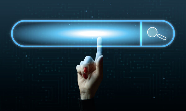 A female hand and a virtual loading bar icon for input and search of information