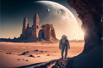 Spaceman on an alien world - with ancient structure, astronaut , generative ai