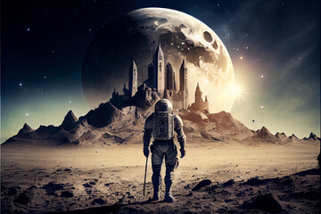 Spaceman on an alien world - with cityscape,  astronaut , generative ai