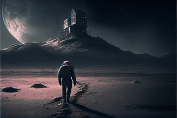 Spaceman on an alien world - with ancient structure, type relic astronaut , generative ai