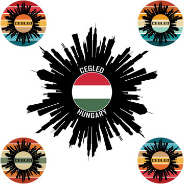 Cegled Skyline Silhouette Hungary Flag Travel Souvenir Sticker Vector Illustration SVG EPS AI