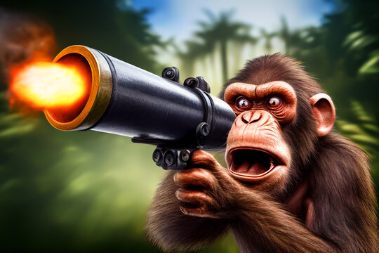 Monkey with bazooka a shots. Bazooka in hands of evil monkey. Evil and comical monkey holds a bazooka in his hands and shoots, Fire from a bazooka in monkey's hand. Machine gun shooting, Generative AI