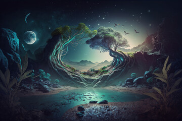 Obraz premium Fairytale natural green environment background. Illustration AI Generative