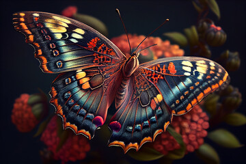 Fototapeta na wymiar A beautiful butterfly resting on a flower, with its intricate wings and bright colors captured in stunning detail.