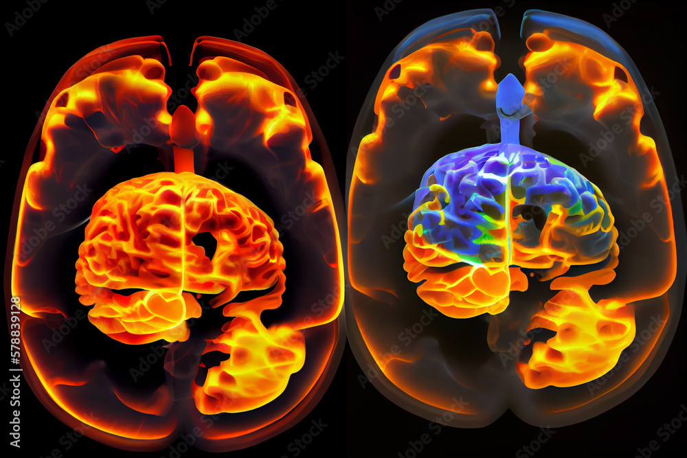Aufkleber A before-and-after brain scan of an individual who has undergone neuroplasticity-based therapy, showing significant changes in brain structure and function. Generative AI technology.