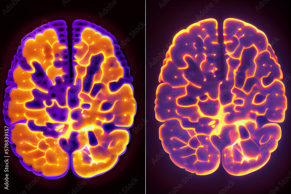 Aufkleber A before-and-after brain scan of an individual who has undergone neuroplasticity-based therapy, showing significant changes in brain structure and function. Generative AI technology.