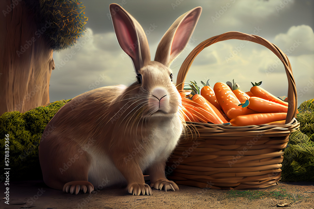 Poster a playful cartoon or illustration of the easter bunny, often portrayed with a basket of eggs or carr