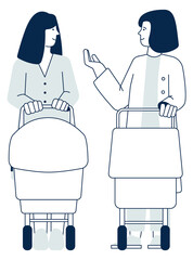 Female friends walking with baby strollers. Talking people