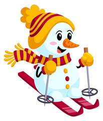 Baby snowman skiing. Winter outdoor sport fun