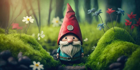 Keuken foto achterwand Sprookjesbos Cute gnome in spring forest copy, concept of Vibrant Nature and Whimsical Gnome, created with Generative AI technology