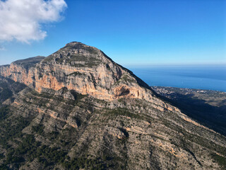 Aerial panoramic view of the Montgo Massif in Denia, Spain.  Also known as Elephant Mountain and Mount Montgo. Parc Natural del Montgó, Javea, Spain. 