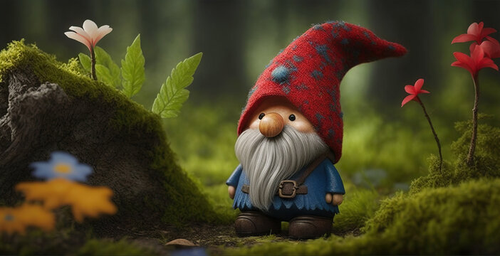 Cute gnome in spring forest copy, concept of Vibrant Nature and Whimsical Gnome, created with Generative AI technology