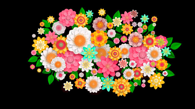 3d rendering summer Background of colourful animated flowers with free space on black