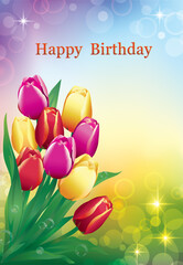 Birthday card. Bouquet tulips on a bright colorful background. Vector illustration