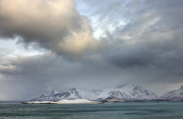 Winter stormy landscape of Skagsanden beach, Flakstad, Lofoten islands, Norway, Europe