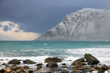 Winter stormy light in Lofoten Archipelago, Norway, Europe