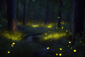 Fireflies in the forest at night.