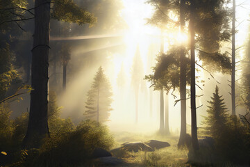 Forest in the fog in the morning sunlight.