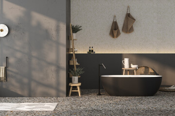 Modern minimalist bathroom interior, mock up wall for bathroom cabinet, interior plants, bathroom accessories, bathtub, gray wall, terrazzo flooring. 3d rendering