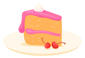 Tasty cake slice on plate. Sweet dessert icon