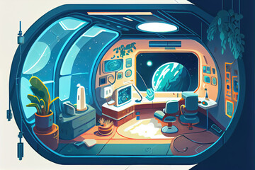 A cartoon vector illustration of the interior of the crew compartment of a futuristic spaceship.