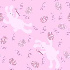 Cartoon animals seamless Easter eggs and rabbit and paint bunnies pattern for wrapping paper and kids clothes print