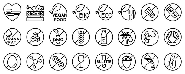 Line icons about badge food.  Line icon on transparent background with editable stroke.