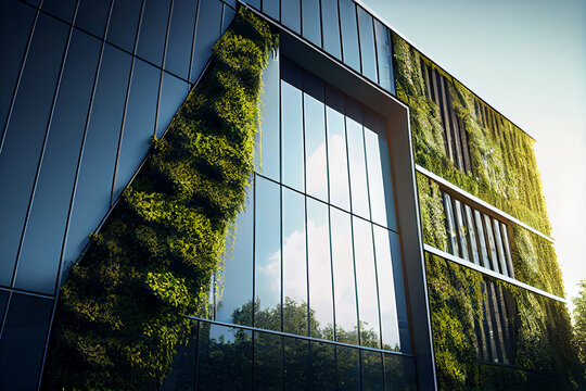 office building with a green facade, such as a living wall or vertical garden, highlighting the company's commitment to sustainability and eco-friendliness