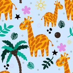 Cartoon summer animals seamless giraffes pattern for wrapping paper and kids clothes print and fabrics