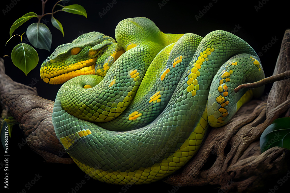 Poster green tree python curled up on a branch, with its distinctive green and yellow scales on display. Generative AI technology