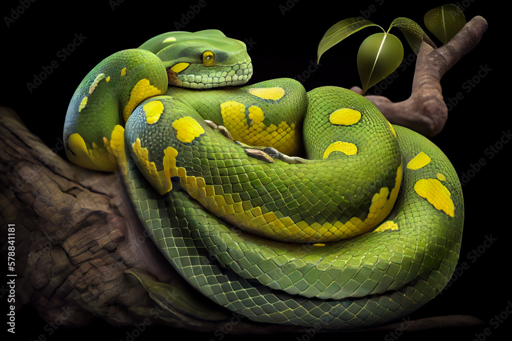 Poster green tree python curled up on a branch, with its distinctive green and yellow scales on display. Generative AI technology