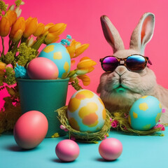 Fototapeta na wymiar An Easter bunny wearing sunglasses, surrounded by colorful eggs and blooming flowers. Perfect for Easter cards, marketing campaigns, and social media posts. Generative AI illustration