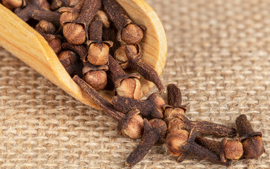 spice texture of fresh dried cloves on vintage background