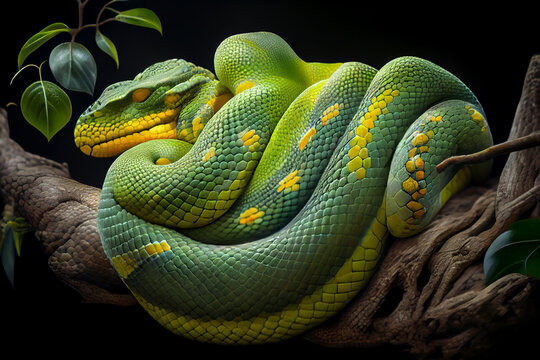 green tree python curled up on a branch, with its distinctive green and yellow scales on display. Generative AI technology