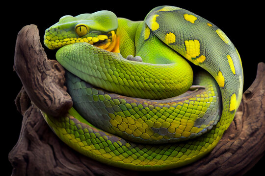 green tree python curled up on a branch, with its distinctive green and yellow scales on display. Generative AI technology