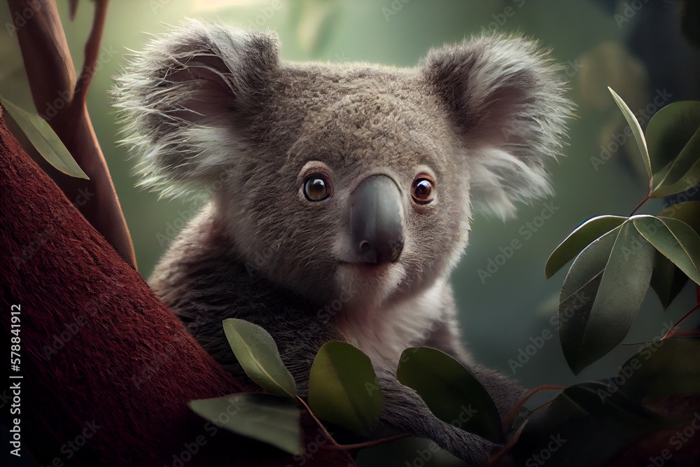 Poster koala perched on a eucalyptus tree, its fluffy ears and big nose easily recognizable, with the lush 