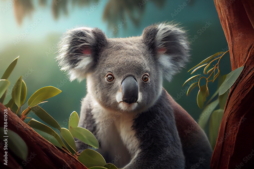 Poster koala perched on a eucalyptus tree, its fluffy ears and big nose easily recognizable, with the lush 