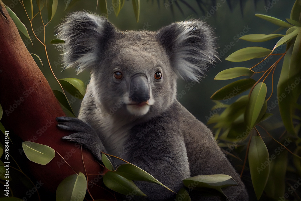 Poster koala perched on a eucalyptus tree, its fluffy ears and big nose easily recognizable, with the lush 
