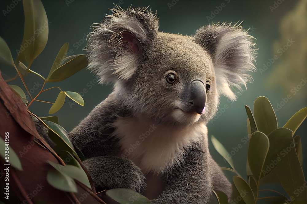 Poster koala perched on a eucalyptus tree, its fluffy ears and big nose easily recognizable, with the lush 