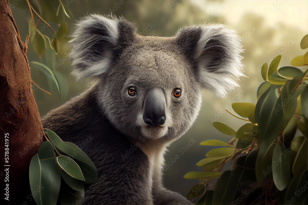 Poster koala perched on a eucalyptus tree, its fluffy ears and big nose easily recognizable, with the lush 