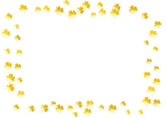 Shamrock background for Saint Patricks Day.  Lucky trefoil confetti. Glitter frame of clover leaves. Template for poster, gift certificate, banner. Greeting shamrock background.