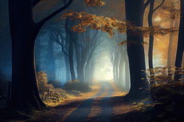 Lane leading through the misty autumn forest at dawn