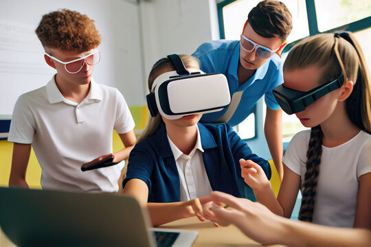 Lesson In Virtual Reality School With Students And teacher Wearing 3d Vr Glasses 