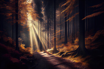 Autumn forest scenery with rays of warm light. 