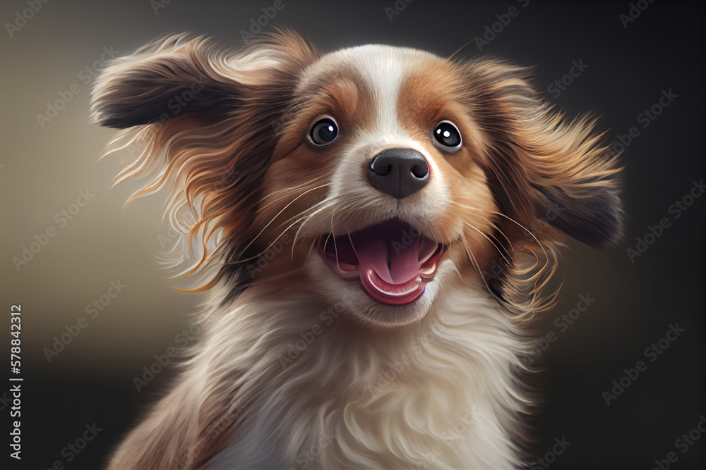 Poster a cute puppy with a wagging tail and a happy expression. generative ai technology.