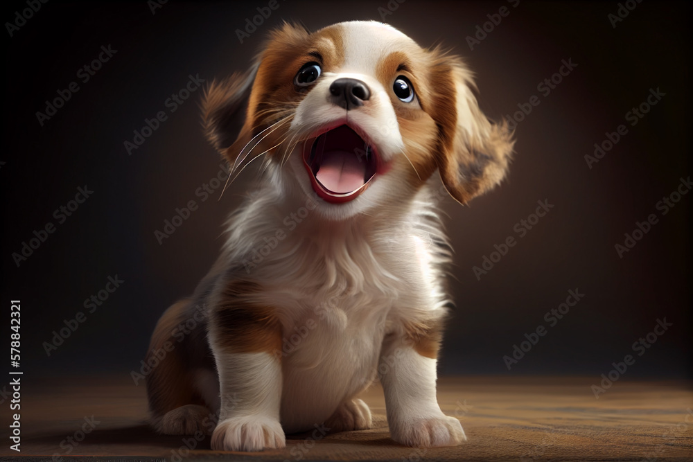 Poster a cute puppy with a wagging tail and a happy expression. generative ai technology.