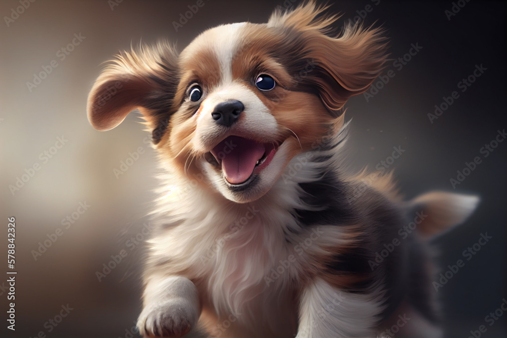 Poster a cute puppy with a wagging tail and a happy expression. generative ai technology.