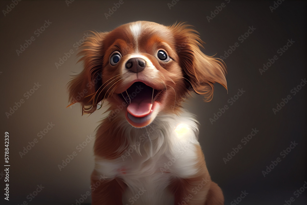 Poster a cute puppy with a wagging tail and a happy expression. generative ai technology.