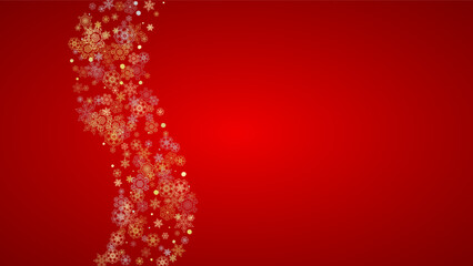 Christmas snow on red background. Glitter frame for winter banners, gift coupon, voucher, ads, party event. Santa Claus colors with golden Christmas snow. Horizontal falling snowflakes for holiday